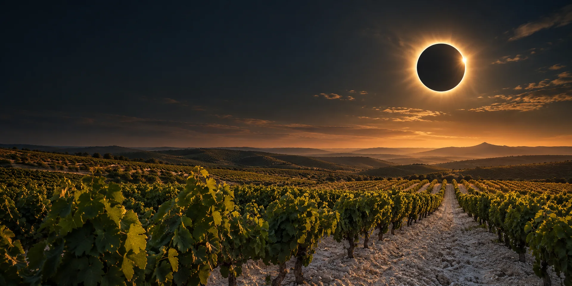 Darstellung einer Sonnenfinsternis über einem Weinberg